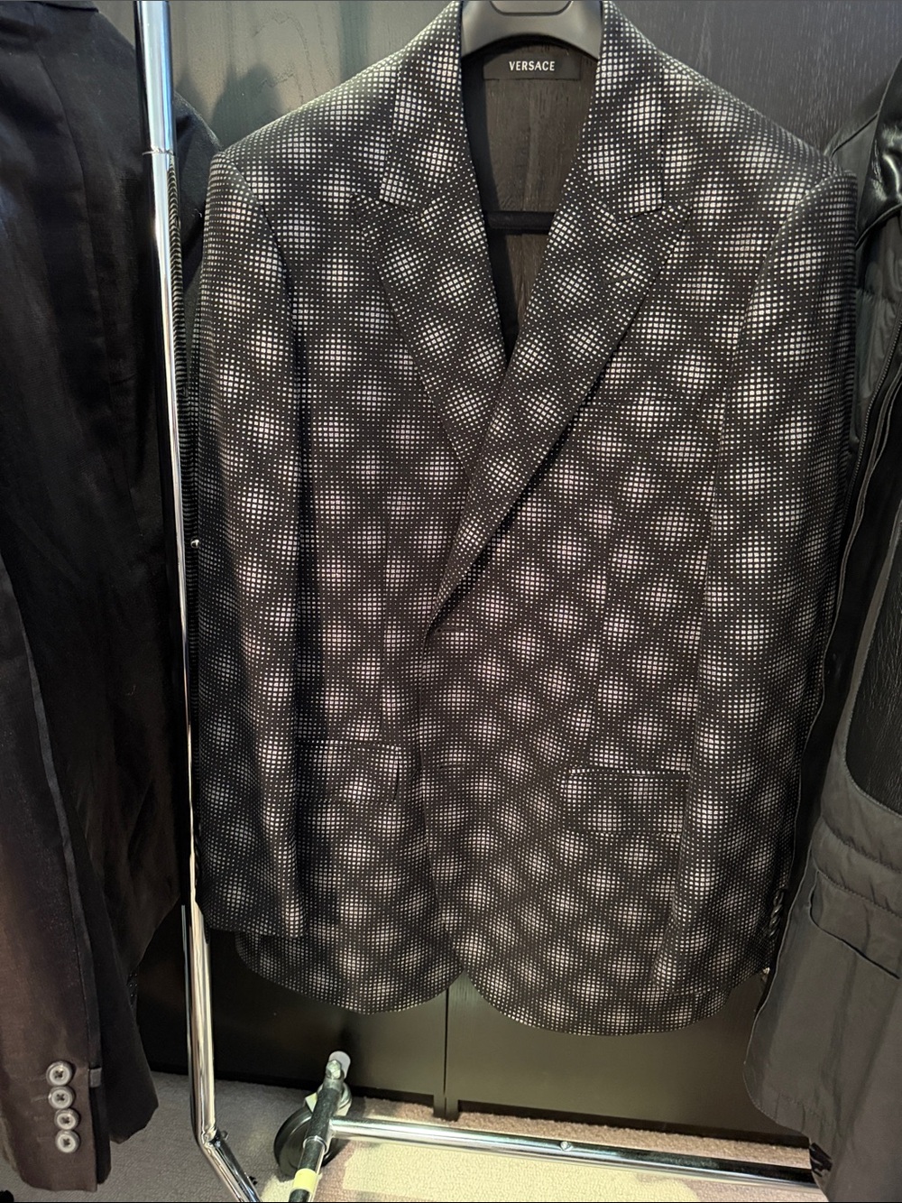 Versace Black and White Dot-Pattern Double-Breasted Blazer